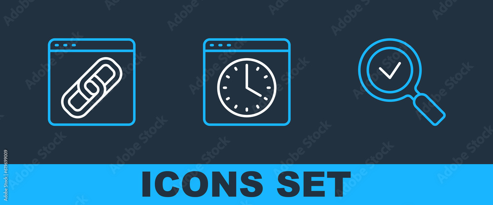 Poster set line magnifying glass with check mark, browser window and icon. vector