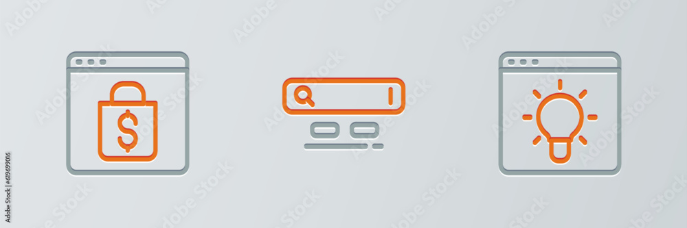 Poster set line browser window, online shopping on screen and search engine icon. vector