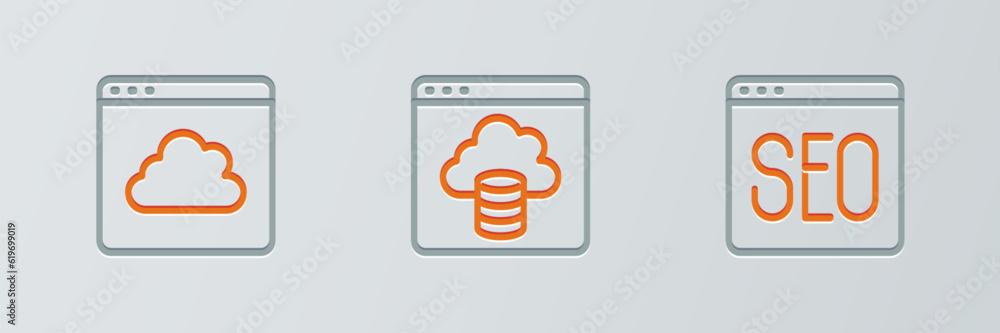 Poster set line seo optimization, cloud technology data transfer and icon. vector