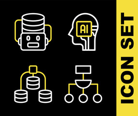 Set line Humanoid robot, Algorithm, Server, Data and Artificial intelligence icon. Vector