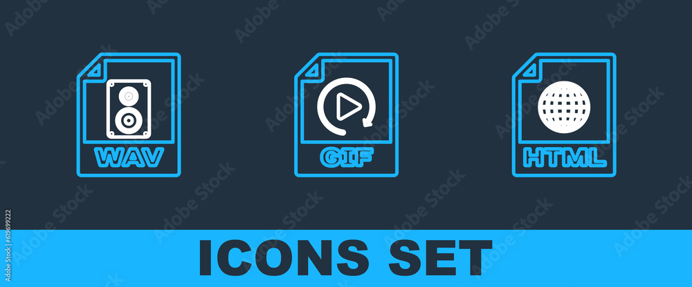 Poster set line html file document, wav and gif icon. vector