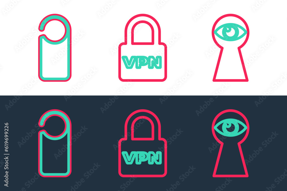 Poster set line keyhole with eye, please do not disturb and lock vpn icon. vector