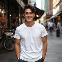 Fototapeta premium Illustration of a fashion portrait with plain t-shirt mockup&nbsp;, AI Generated