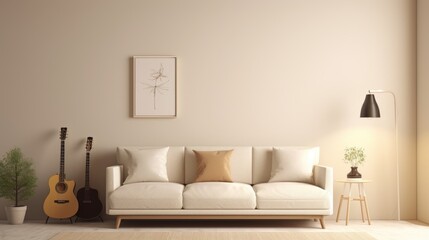 Fototapeta na wymiar Living room with comfortable white sofa and musical instrument for relaxed. Generative Ai