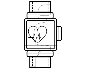 Using a heart rate watch ,medicinal business concepts, a line-art emblem, and flat design.