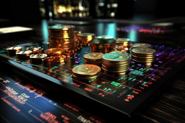 Fototapeta na wymiar World of electronic crypto Bitcoin money and soaring income graphs
