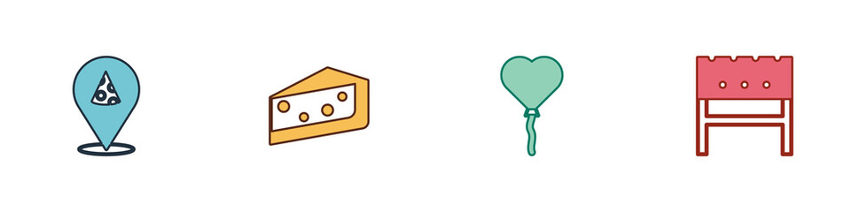 Set Slice of pizza, Piece cake, Balloons in form heart and BBQ brazier icon. Vector