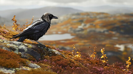 Obraz premium raven on the ground, raven in a norwegian mountains, generative ai