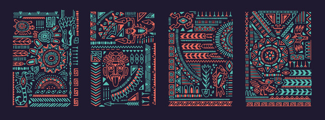 Ethnic tribal posters set. Ancient Aztec tribe wall arts. Mexican cards, vertical decorations with Navajo shapes, lines, traditional symbols, Maya elements. Flat vector illustrations in boho style