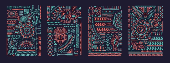 Fototapete Boho-Stil Ethnic tribal posters set. Ancient Aztec tribe wall arts. Mexican cards, vertical decorations with Navajo shapes, lines, traditional symbols, Maya elements. Flat vector illustrations in boho style