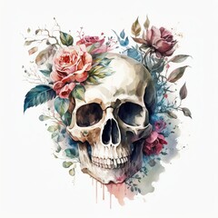 Hand drawn watercolor skull with flowers and leaves. Vector illustration.