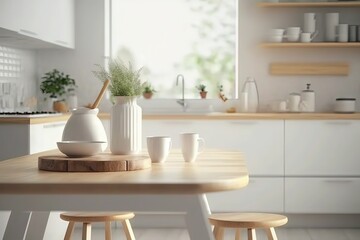Interior of modern kitchen with white walls, concrete floor, wooden countertops and white cupboards. 3d rendering