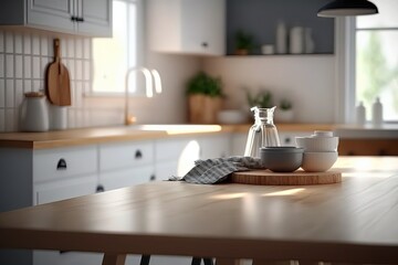 Modern kitchen interior with wooden table and chairs. 3D Rendering