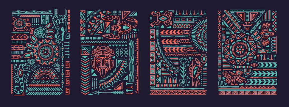 Ethnic tribal posters set. Ancient Aztec tribe wall arts. Mexican cards, vertical decorations with Navajo shapes, lines, traditional symbols, Maya elements. Flat vector illustrations in boho style