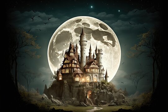 Fairy tale castle on full moon background. Elements of this image furnished