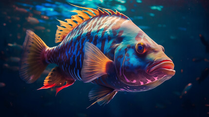 fish in aquarium, colorful large fish in an ocean, generative ai