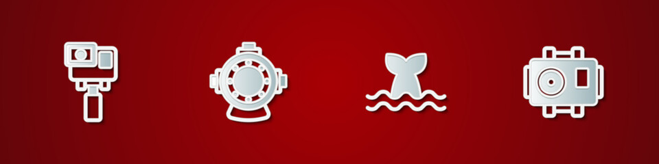 Set Action extreme camera, Aqualung, Whale tail and Photo for diver icon. Vector
