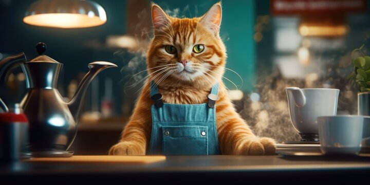 Portrait a cat dressed as a barista serving coffee, generative ai