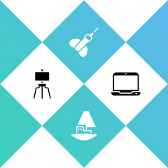 Set Wood easel, Toy boat, Dart arrow and Laptop icon. Vector