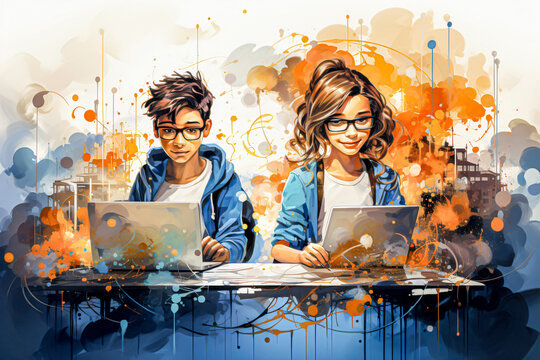 two children learning study together on the computer in a painting design