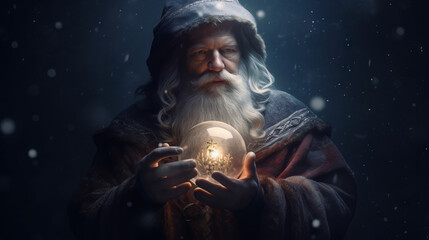 Fototapeta premium Santa Claus holding a big crystal globe, generative ai