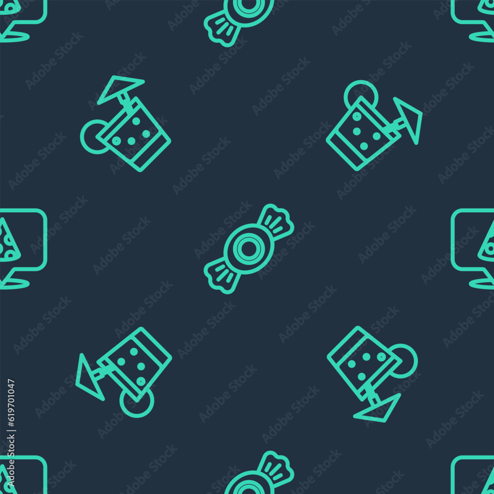 Poster set line candy, cocktail and slice of pizza on seamless pattern. vector