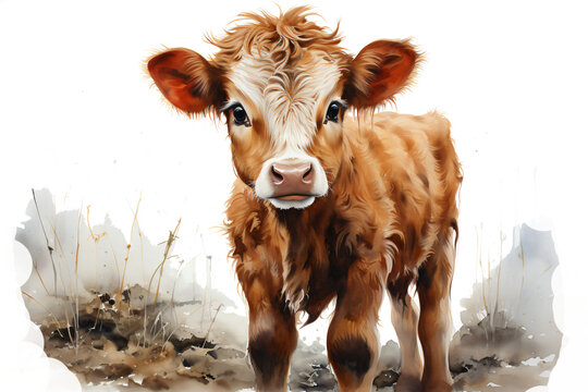 little cute cow portrait in watercolor painted isolated against transparent