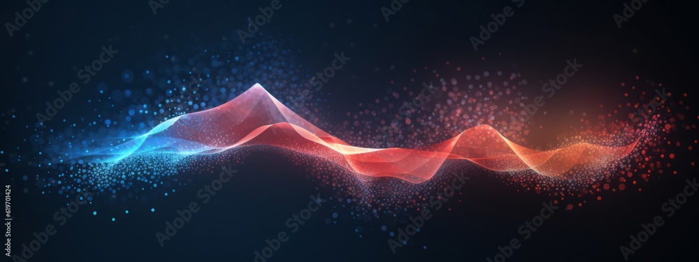 Fototapete Texture of abstract future technology lines with dots connection mesh background banner illustration 3d - Connection digital data and big data concept. Digital datail dark blue red Generative Ai