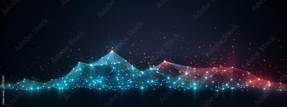 Aufkleber Texture of abstract future technology lines with dots connection mesh background banner illustration 3d - Connection digital data and big data concept. Digital datail dark blue red Generative Ai