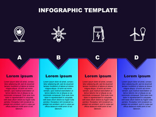 Set line Location shopping basket, Light bulb with gear, Electric car charging station and wind turbine. Business infographic template. Vector