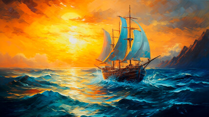 sailboat boat at sunset on the ocean, oil paint thick epic blue sea waves, clouds, acrylic masterpiece. Generative AI