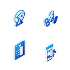 Set Isometric line Peanut, Handkerchief to his runny nose, Clinical record and Medicine bottle pills icon. Vector