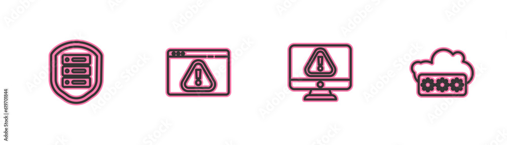Poster set line server with shield, monitor exclamation mark, browser and password protection icon. vector
