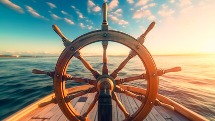 ship wheel on boat with sea and sky. freedom and adventure. direction concept. Generative AI