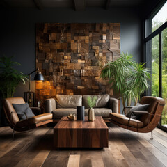 Generative ai illustration of Modern minimal Luxury wood wall in living room