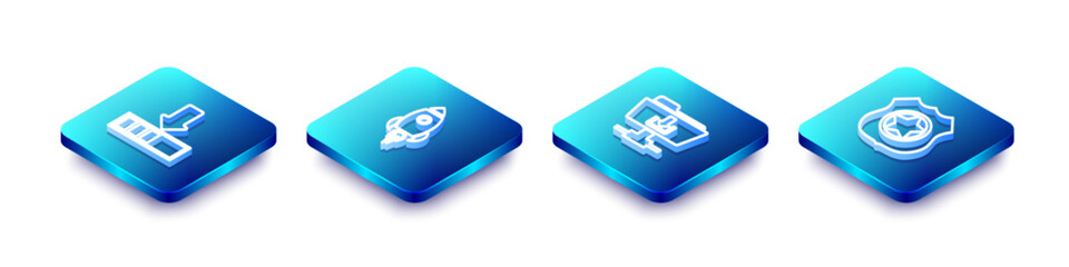 Set Isometric line Loading, Rocket ship with fire, FTP folder download and Police badge icon. Vector