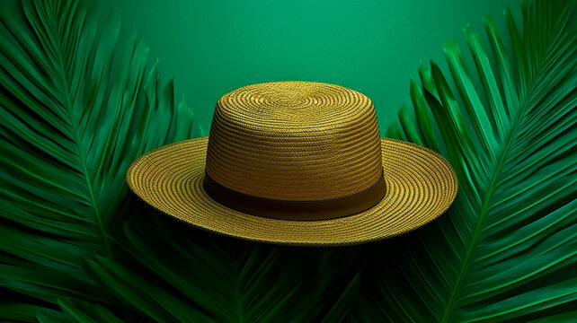 Summer straw hat and palm leaves on green background. Generative AI