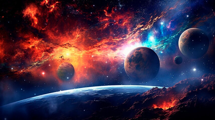 Obraz na płótnie Canvas Space digital artwork. Surreal fantasy cosmos. Nebula with planets and stars. Generative AI