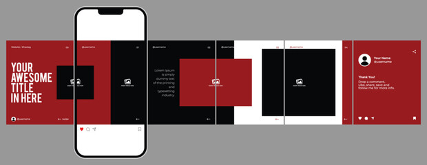 Microblog or carousel post template design for social media. Six page in portrait frame, modern simple minimalist style with red ruby and black color theme.