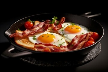 fried eggs with bacon and vegetables. 