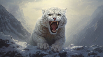 lion in the snow, snow mountain cat growling face, generative ai
