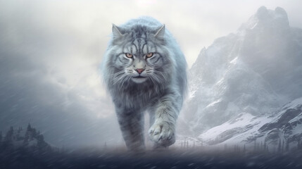 lion in the snow, snow mountain cat growling face, generative ai