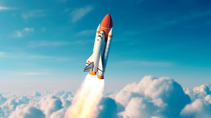 Space rocket flying toward the clouds believable rocket icon Having a successful company concept. Generative AI