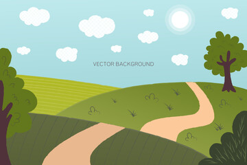 Vector background with texture. Summer landscape. Natural panorama, horizon. Field, tree, sun, clouds. Sunny weather, green grass. Banner design.