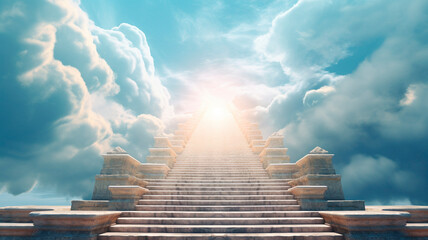 Stairs to heaven visualization. Stone stairs going up to the cloudy sky visualization. Bright light visible in clouds representing heaven. Generative AI