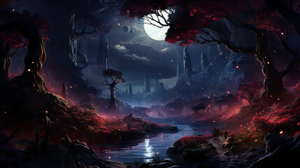 Fototapeta premium landscape with water and moon, star forest with magic mountains, generative ai