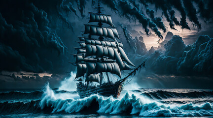 Against the backdrop of the brooding dark sky, a solitary pirate ship navigated the treacherous waters, its presence shrouded in mystery.