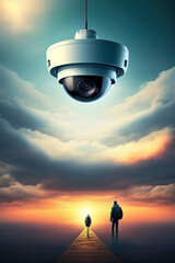Huge virtual surveillance camera in the sky above two people at sunset