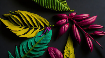 Against the gray background the close up view highlights the diverse range of leaf patterns showcasing a harmonious blend of various shapes and colors.