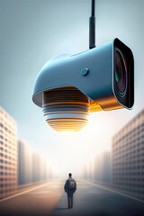 A huge surveillance camera looks at a citizen from a high-rise building